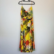 Farm Rio Dress Size G AU 10-12 Floral Yellow Tropical Strappy Cut Out Maxi