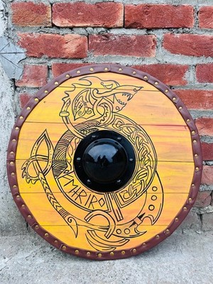 24'' Medieval Viking Round Shield Dragon Painted Cosplay Wall Handmade Shield