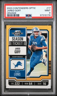 2023 Panini Contenders Optic Jared Goff #17 Orange #16/50 (Jersey Match) PSA 9