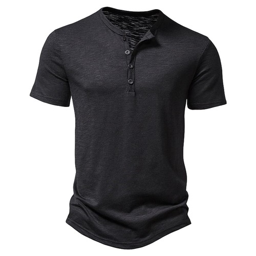 Mens Henley Casual Short Sleeve Summer Slim Tops Solid Button V Neck T Shirts - Picture 11 of 18