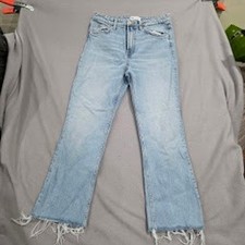 Zara High Waisted Straight Leg Jeans Light Wash Raw Hem Blue Denim Size 6 US 28