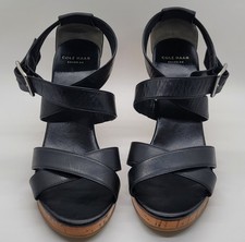 Cole Haan Grand OS Womens Jillian Wedge Black Platform Leather Sandals Size 6.5