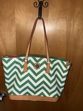 Dooney  Bourke Green and White Chevron Striped Coated Shopper Tote
