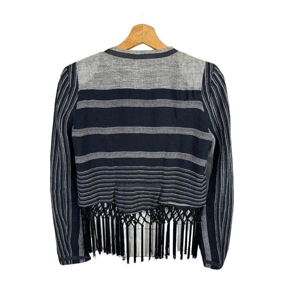 Chaqueta de noche a rayas Rebecca Minkoff para mujer talla 6 Emerson flecos mezcla de lino Foto 3 de 4