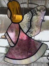 Vintage STAIN GLASS Red-White Opalescent ANGLE Window Hanging SUN CATCHER 8”