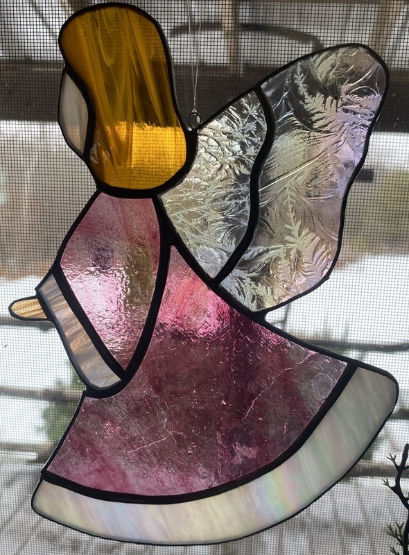 Vintage STAIN GLASS Red-White Opalescent ANGLE Window Hanging SUN CATCHER 8”