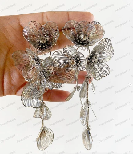 Silver Flower Cascade Long EARRINGS, Zara Style Gloss metal finish Princess Kate
