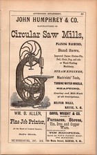 1879 John Humphrey & Co Mfr Circular Saw Mills Band Saws KEENE NH 5.25