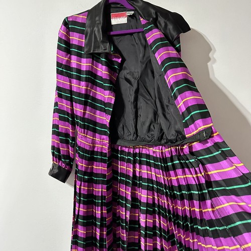 Abito camicia vintage Oscar de la Renta 100% seta righe bottoni plissettato taglia 6 - Foto 11 di 11