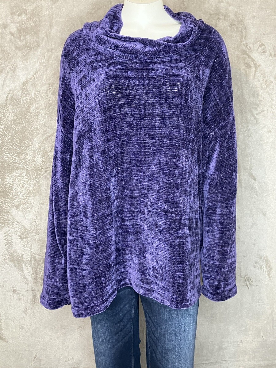 J Jill Purple Velvet Tunic Sweater Size L Cowl Neck Cozy Casual