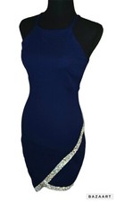 BCX Asymmetrical Rhinestones Hem High Halter Sz XS Navy Blue Dress Short Fitted