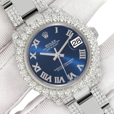 Rolex Datejust 31mm Blue Roman Pave 7.2ct Iced Diamond Watch
