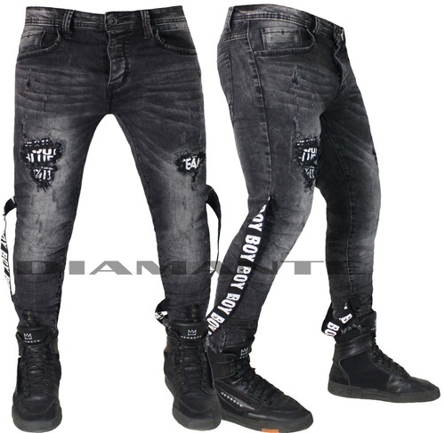 Jeans Uomo Denim Nero Pantaloni Strappati Design Slim Elasticizzati Nuovo  6971 | eBay