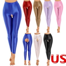 Women Shiny Oil Glossy Open Crotch Pantyhose Clubwear Tights Yoga Pants Workout
