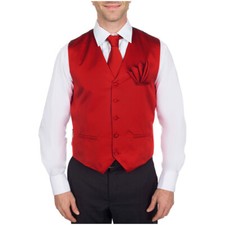 Men's Solid Red Satin Tuxedo Vest Necktie  Hanky Set for Formals Weddings  NWT