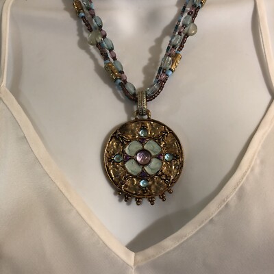 Bijoux Terner Necklace Beaded Floral Pendant Three Strand Brown Blue