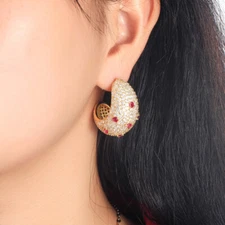 Women Dubai Gold Plated Moon Drop Earrings Cubic Zirconia Wedding Bridal Jewelry