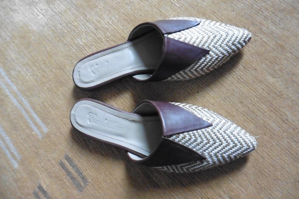Chaussures mules plates ouvertes simili cuir paille tress cru