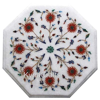 Octagonal Marble Coffee Table Top Floral Pattern Inlay Work Hallway Corner Table