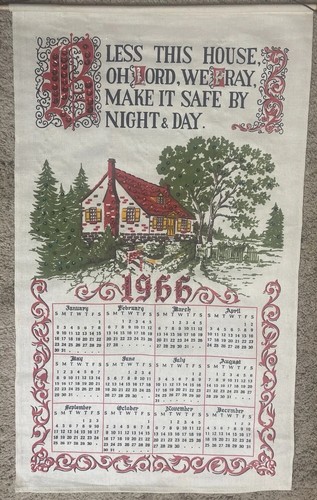 Vintage Linen 1966 Sequined Hanging Calendar ‘Bless This House’ Pretty Red Green - Picture 6 of 19
