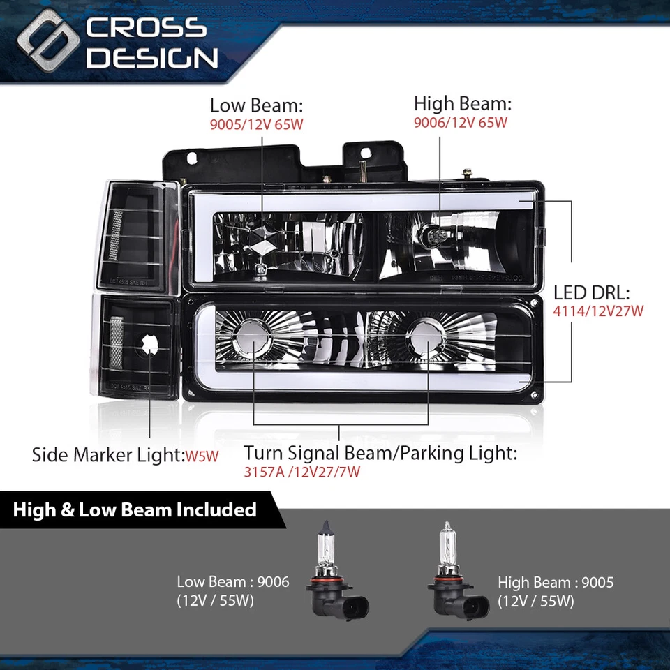 Par de faros LED DRL aptos para 1994-1998 GMC C10 C/K C1500 2500 3500 Foto 3 de 4