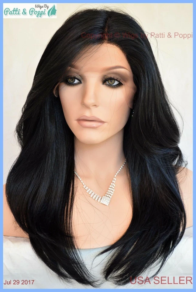 Swiss Lace Front Wig 4X4 Silk Top Hand tied Heat Safe Color #1  Long Thick 1237 - Image 4 of 4