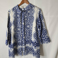 Chico's Boho Embellished Embroidered Blue and White Linen Jacket Chicos sz 2 8-