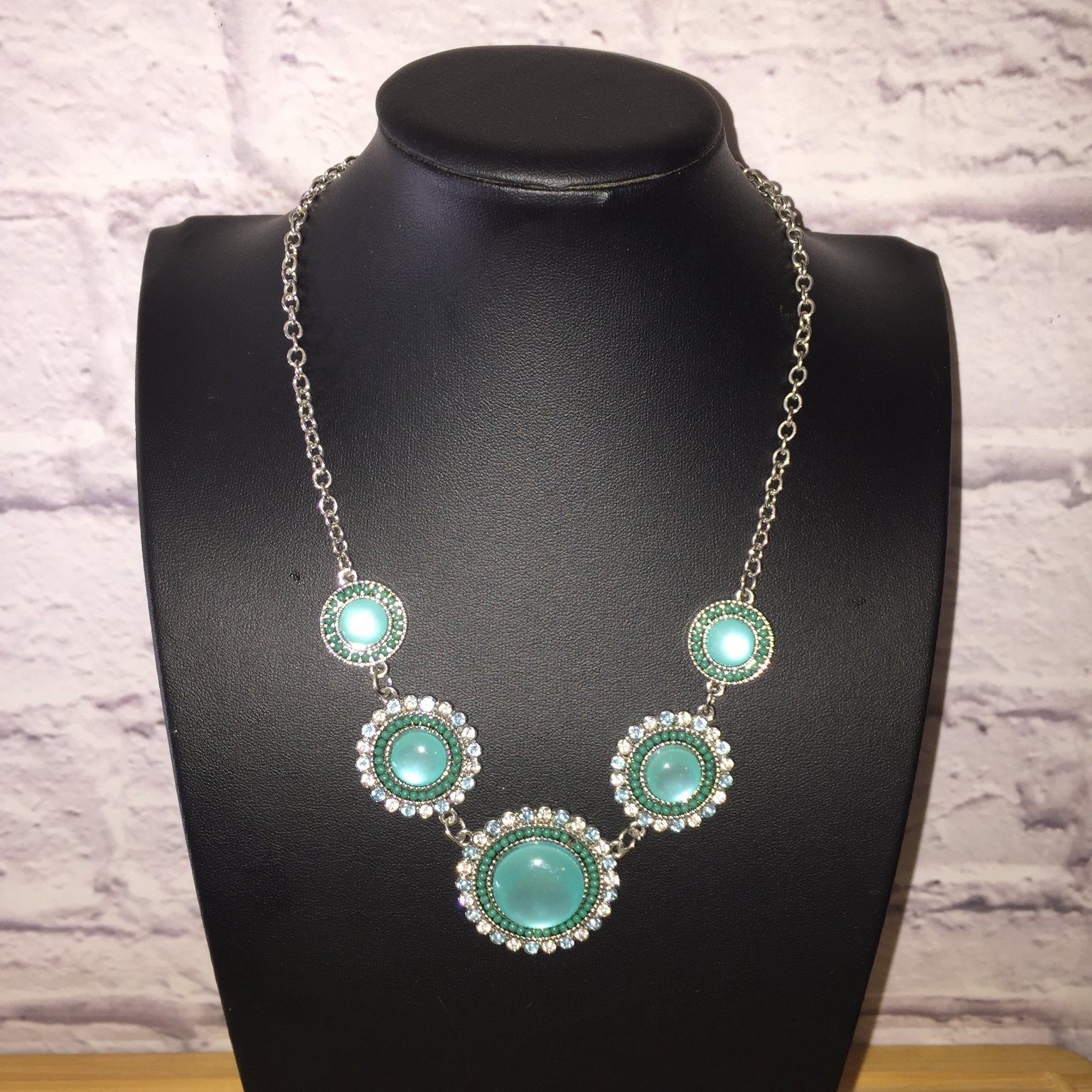 Bib Collar Necklace Silver Tone Teal Lucite Rhinestone Statement Chain