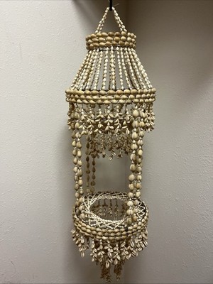 Vtg 38  Cowrie Puka Seashell Hanging Plant Holder Basket Chandelier Boho Style