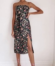 Women’s Size S Black Pink Green Floral Strapless Bodycon Midi Dress Side Slit