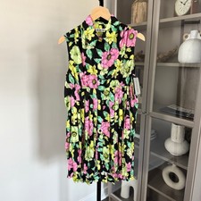 Balenciaga Pleated Vibrant Pink Green Floral Mini Shirt Dress 36 NEW Sleeveless