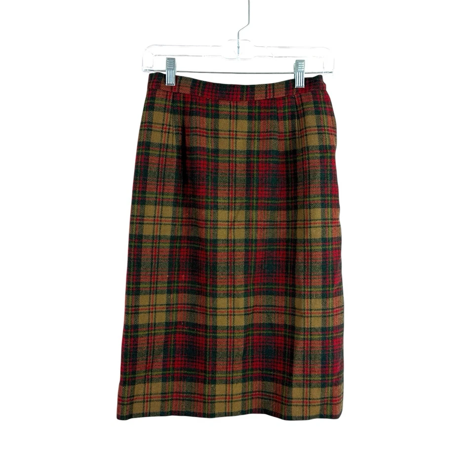 VINTAGE womens size XS wool red, tan plaid tartan pencil skirt