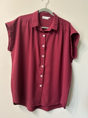 Bollie Burgundy Button Down Blouse Top Plus Size XXL Cap Sleeve Pleated Back