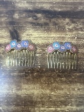 Vintage Gold Tone Metal Cloisonne Enamel Floral Hair Comb Hair Clip Accessory