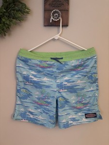 Vineyard Vines Boys Size M 12-14 Blue Swim Trunks Sailboats Palm Trees