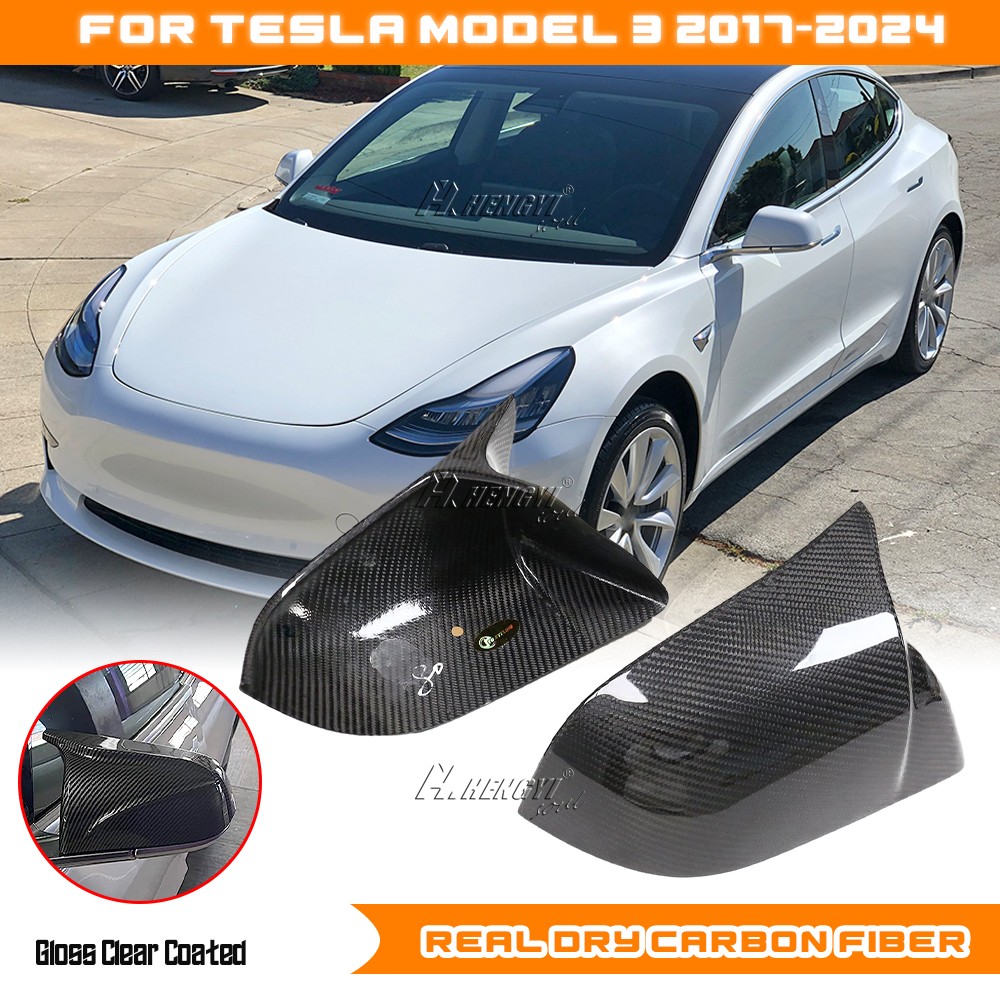 REAL Dry Carbon Fiber Mirror Caps Covers Add-on For For Tesla Model 3 2017-2024