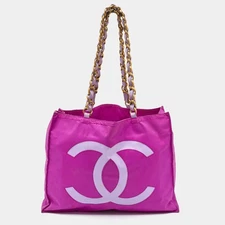 Chanel Pink Nylon Vintage CC Logo Shopper Tote