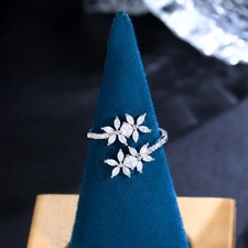 Dainty Flower Cubic Zirconia Silver Plated Adjustable Open Ring for Women Bridal