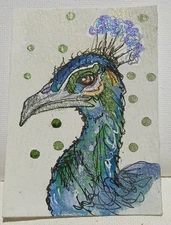 OOAK ACEO Peacock Portrait Impressionist Metallic Granulating Watercolor Scribbl