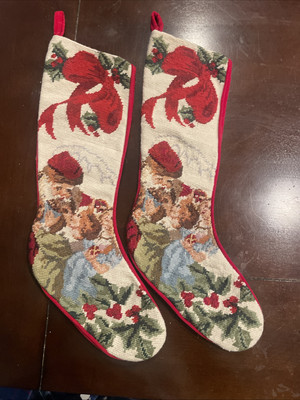 Needlepoint Vintage Santa Christmas Stocking   Bows Red Velvet Backing, Lot Of 2
