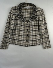 ST JOHN COLLECTION KNIT WOMEN PLAID JACKET IN BLACK CREAM WHITE SZ 12