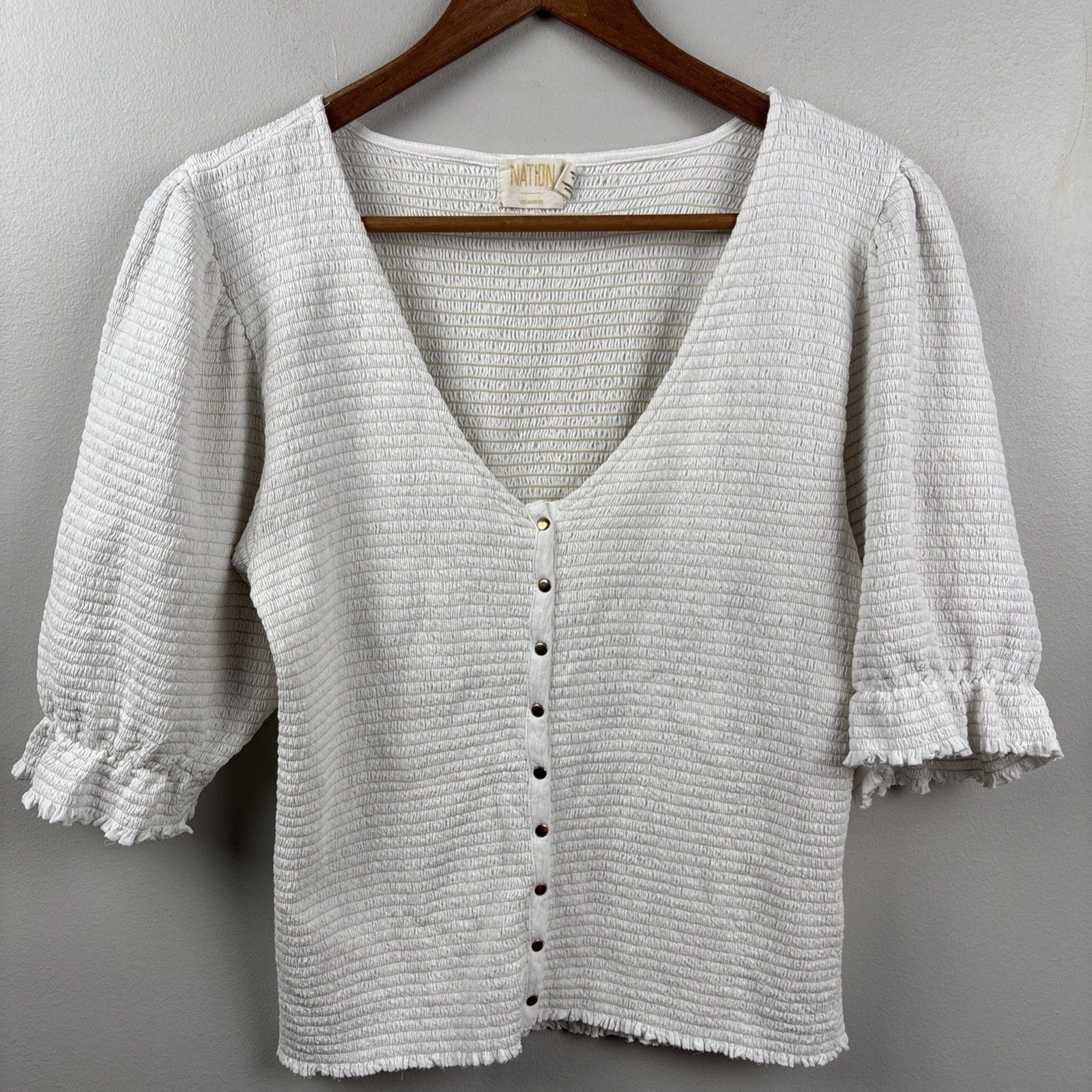NATION LOS ANGELES LARGE Blouse White Short Sleeve Puff Peasant Ruched Stretch V