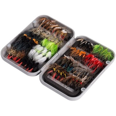 Fliegenfischen Set, 64 Teile, Fliegenbox, Trocken Nass Nymphen Streamers