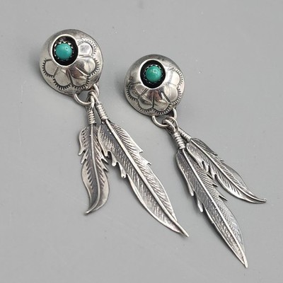 Navajo 925 Sterling Silber Türkis Feder Ohrhänger Shadowbox Concho