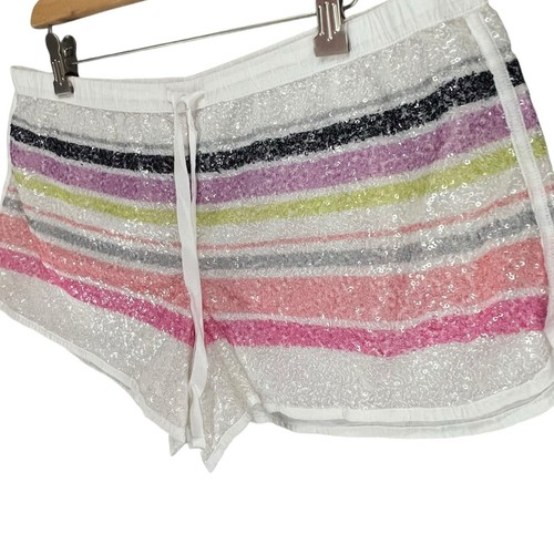 Victorias Secret Y2K Pajama Shorts Womens L White Rainbow Stripe Sequin Lounge - Picture 2 of 12