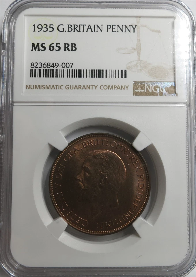 GREAT BRITAIN UK England 1 Penny 1935 NGC MS 65 RB UNC Bronze King George RED - Image 3 of 4