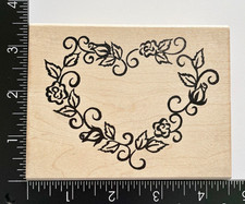 Denami Design Roses Flower Vine Leaf Heart Wreath Wood Mounted Rubber Stamp