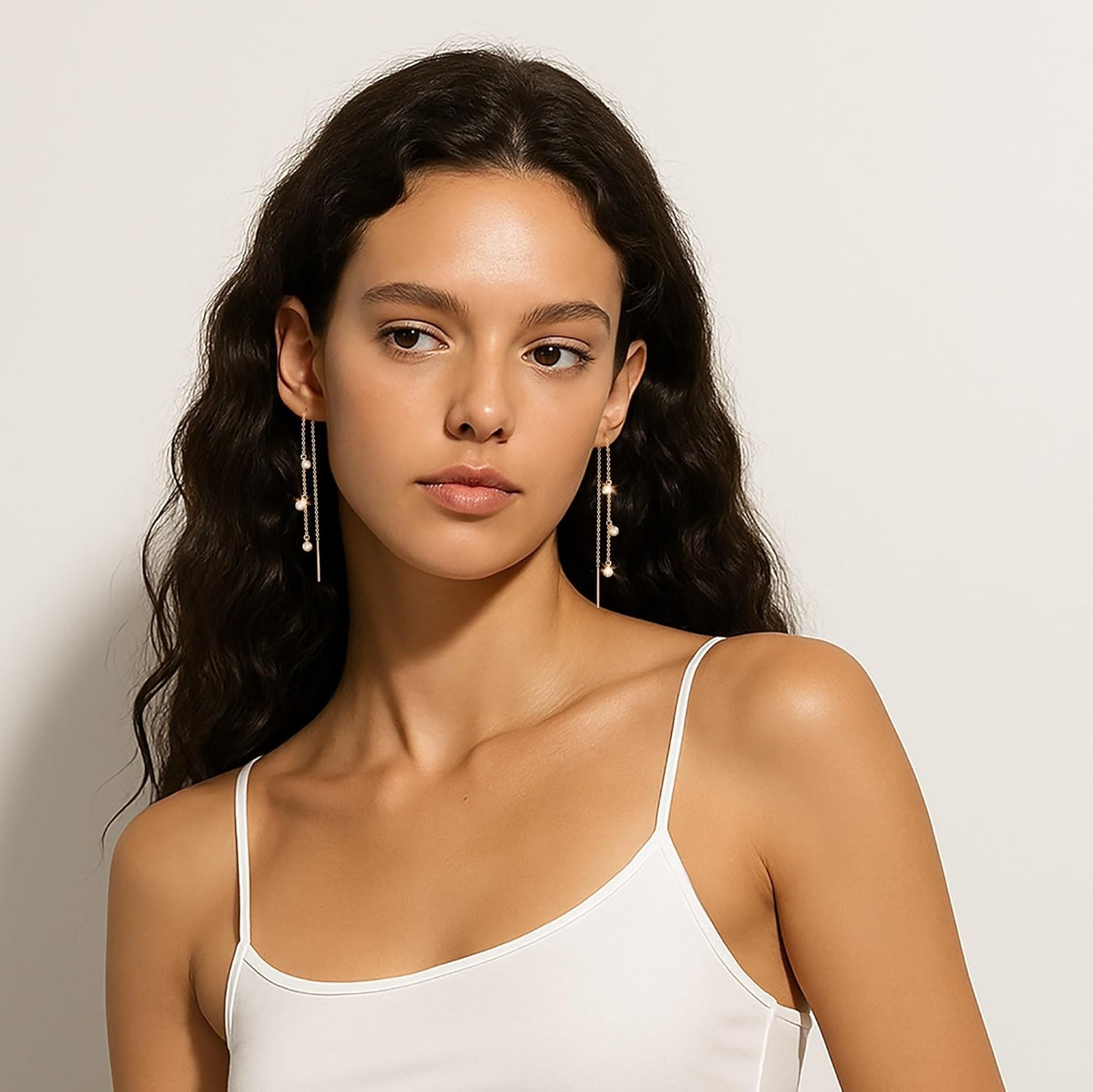 Dangle Earrings for Women 14K Gold Plated Threader Earring Gold-Round Diamond 