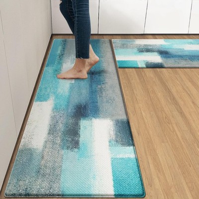 Arttown Teal 17.3 x 47 inch + x 29 in, White Kitchen Mat