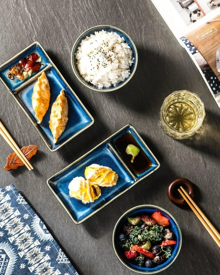Juego de platos y cuencos de sushi aperitivo japonés de cerámica para 2 | 7" rectangular su... Foto 2 de 4